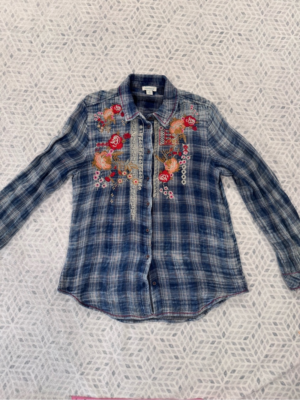 Sundance Embroidered Plaid Button Front Boho Shirt Top Small Cottagecore